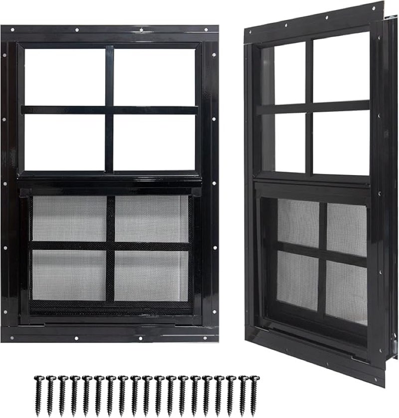 yuzzy 12\" x 18\" shed windows with tempered glass and fiberglass screen, 2 pack small sliding windows for shed, chicken coop, playhouse, household, garage, barns (black) 12\"x18\" black