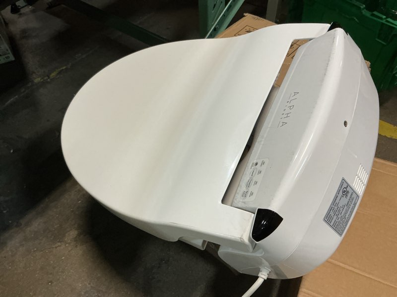 Condition photo showing As Is for alpha bidet jx2 elongated bidet toilet seat, white, endless warm water, *new* bowl mist, led light, quiet operation, wireless remote, stainless steel nozzle, sittable lid, 3 year warranty elongated white