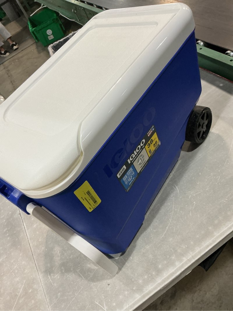 Condition photo showing Good Condition for 38 quart wheeled hard cooler, blue rolling cooler with tow handle, thermecool foam insulation & cool riser design, holds up to 53 cans, compact for beach, camping, travel