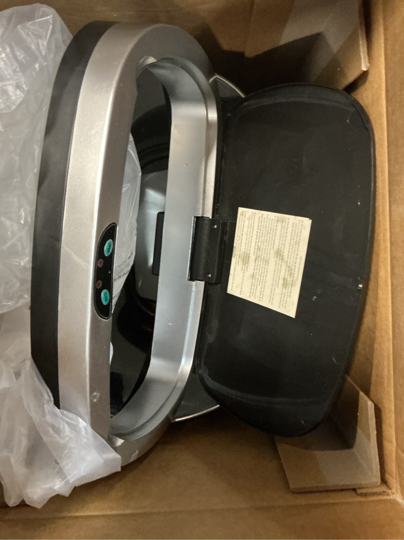 Condition photo showing As Is for SIMPLI-MAGIC 50 Liter / 13.2 Gallon Soft-Close, Smudge Resistant Trash Can with Foot Pedal and Built in Filter- Stainless Steel, Sleek Finish Silver 50L/13.2 Gallon