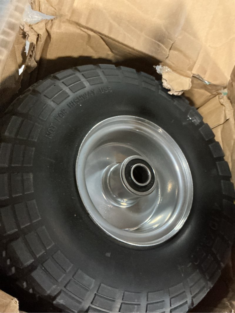 Condition photo showing As Is for 4.10/3.50-4 tire and dolly wheel flat free - solid rubber hand truck wheels 5/8" axle - gorilla cart tires replacement for garden, wagon, yard and wheelbarrow (10 inch 4 pack) 10-inch 4-pack