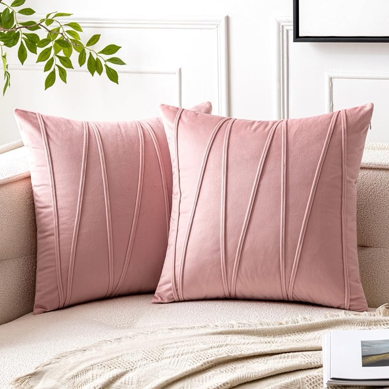 Woaboy Pack of 2 Striped Velvet Throw Pillow Covers Dusty Pink Modern Decorative Couch Throws Square Soft Cozy Pillowcases for Bed Sofa Cushion Living Room 18x18 Inch