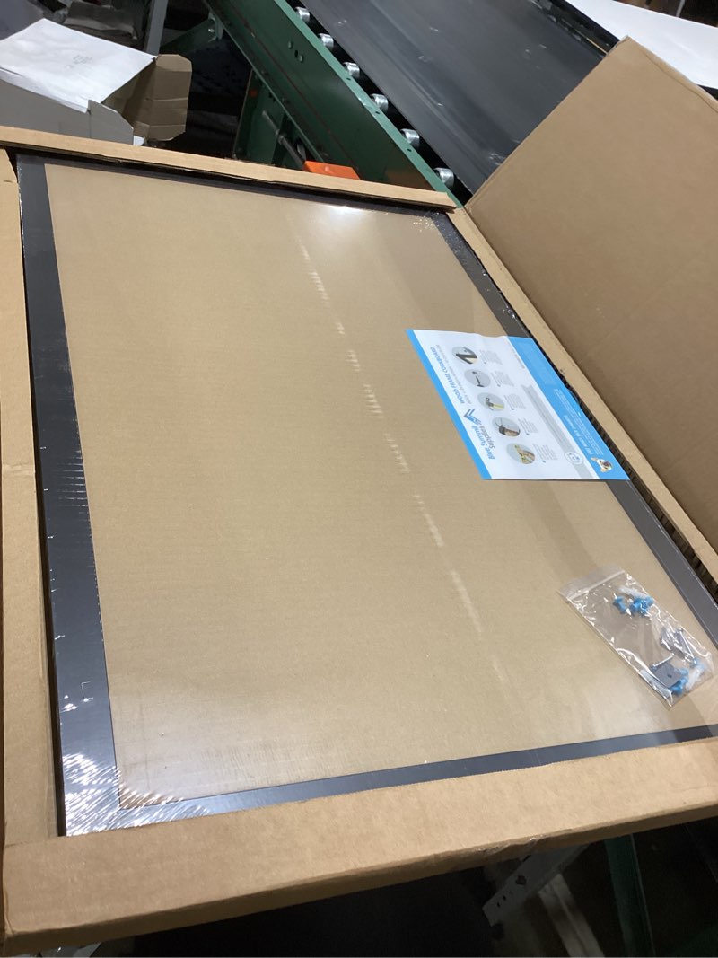 Condition photo showing Good Condition for blue summit supplies 24 inch x 36 inch corkboard with black wood frame, bulletin board with included push pins for office, classroom, or home, mounting hardware included