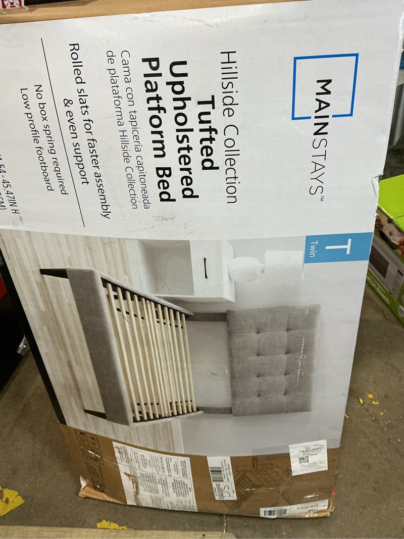 Condition photo showing New/Like New for mainstays hillside square tufted upholstered twin platform bed, light gray fabric