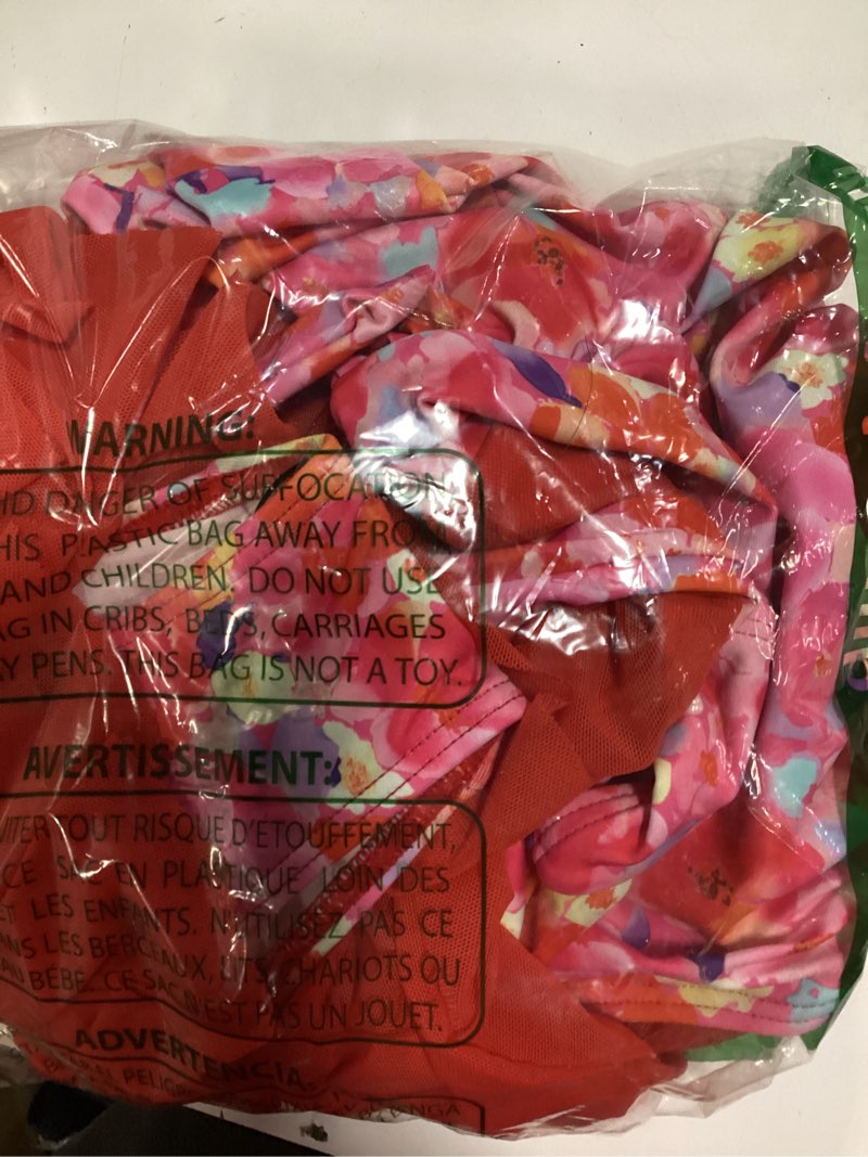 Condition photo showing New/Like New for women's mesh skirted one piece swimsuit tropical printed backless swimdress tummy control bathing suit tie back x-large pink floral