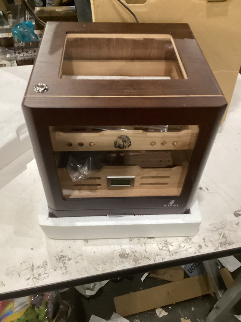 Condition photo showing Good Condition for not tested xifei cigar humidor cabinet, glass top & adjustable led lighting, digital hygrometer, 2 humidifiers, cigar tube, desktop cedar wood humidor with accessory drawer for 80-100 cigars, ideal men's gift dark brown