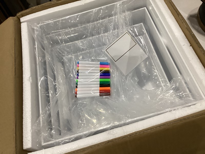 Condition photo showing As Is for billbotk white buffet risers with label stands, markers for party, display stands for jewelry display, home display, table décor, only 4