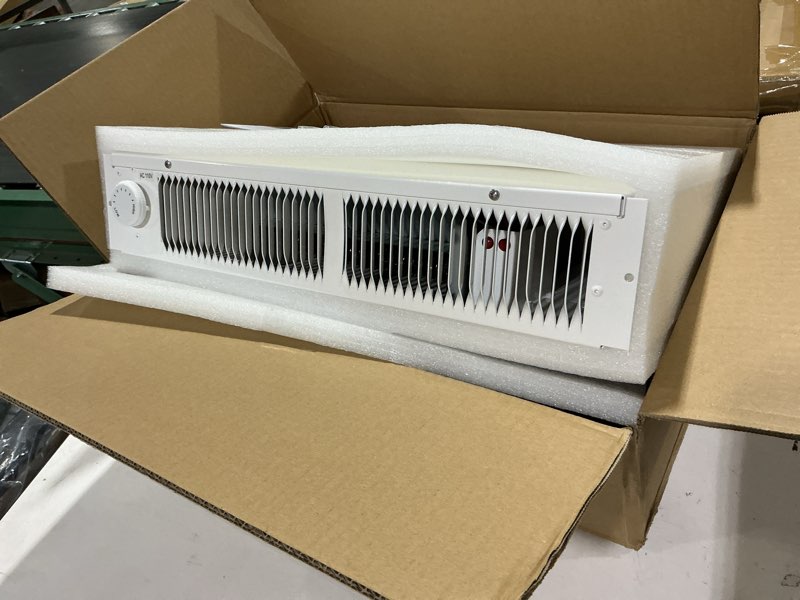 Condition photo showing Good Condition for Model 112 Electric Kickspace heater,compact design,white fan-forced wall heater with built-in thermostat,covers 150 square feet, factory wired 240/208VAC