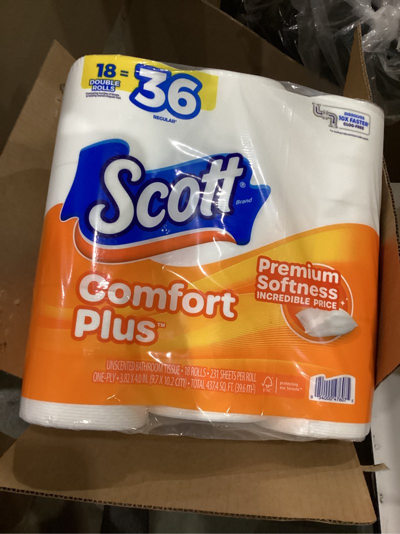 Condition photo showing New/Like New for scott comfortplus toilet paper, 36 mega rolls (2 packs of 18), 425 sheets per roll, septic-safe, 1-ply toilet tissue