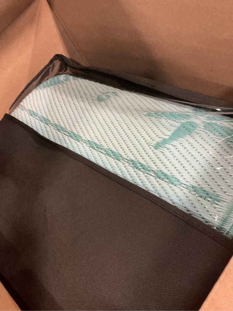 Condition photo showing Good Condition for uphome coastal outdoor rug waterproof 8x10, large reversible ocean beach theme striped patio plastic straw rugs, tribal rv camping outside carpet mat for pool back yard deck, 8 x 10 ft geometry blue 8' x 10' (rectangular)