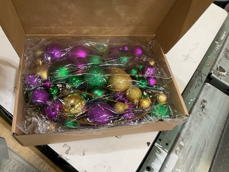 Condition photo showing Good Condition for 6ft mardi gras bead garland decoration ball ornaments glitter purple gold green bulb garland for festive party supplies indoor outdoor home carnival decoration accessories