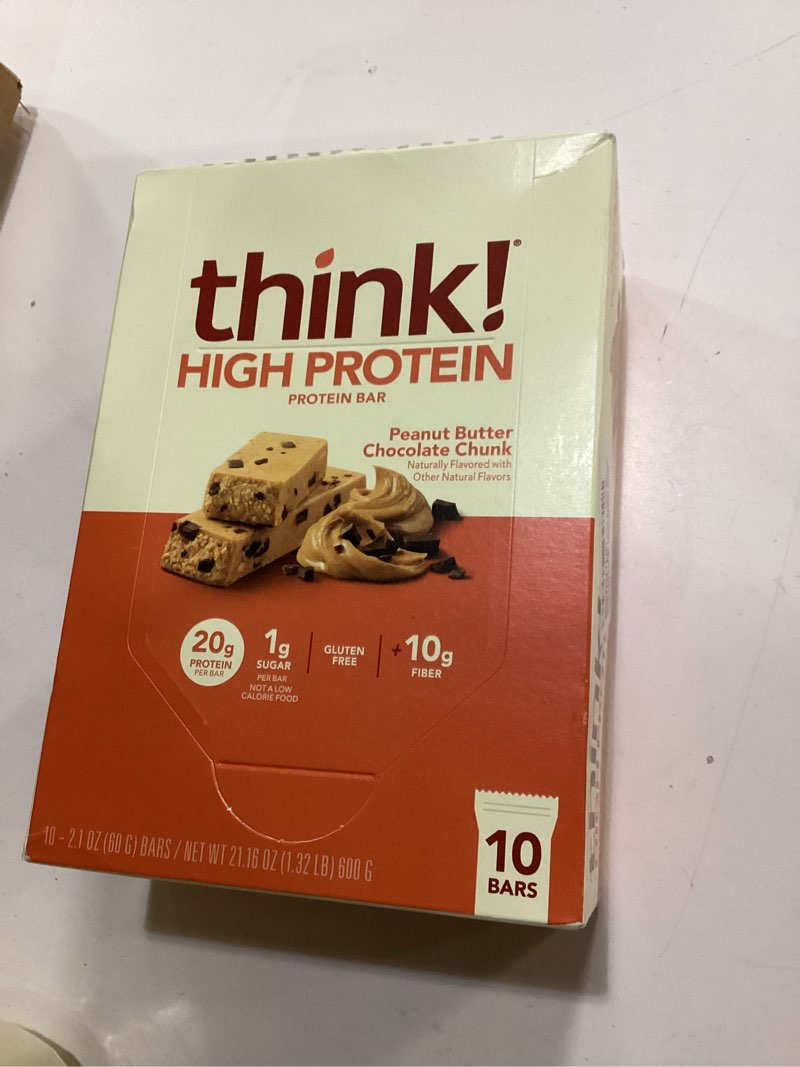 Condition photo showing New/Like New for think! Protein Bars, High Protein Snacks, Gluten Free, High Fiber, Peanut Butter Chocolate Chunk, 10 Count Peanut Butter Chocolate Chunk 10 Count (Pack of 1)(best by 01/07/2026)