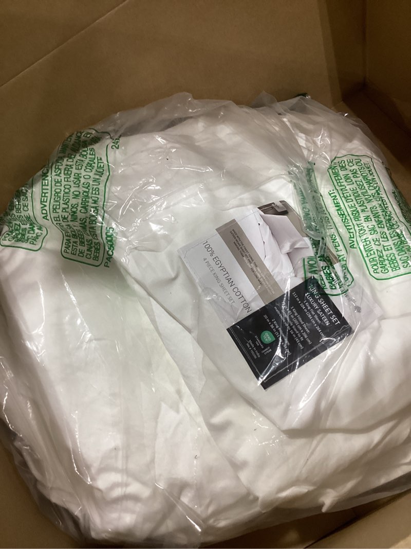 Condition photo showing Good Condition for 100% Egyptian Cotton Sheets King Size - Naturally Cooling & Breathable 4 Piece Silky Sateen Weave King Size Sheets Set, Ultra-Soft & Durable Hotel Luxury Sheets with 15" Snug Fit Deep Pockets - White