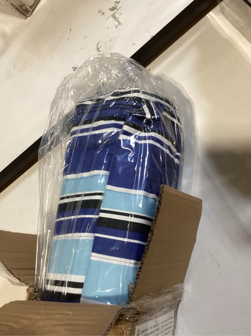 Condition photo showing Good Condition for sunnydaze 9 ft striped patio umbrella - polyester table market umbrella with push-button tilt and crank - 8 sturdy ribs - catalina beach stripe