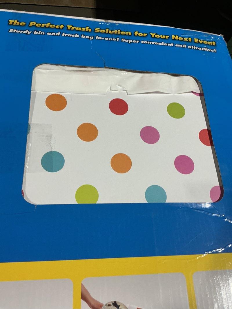Condition photo showing As Is for 30 Gallon Disposable Trash Cans (3-Pack). Reusable Garbage and Recycling Bins for Parties, Events, and More (Polka Dot - 30” Height x 17” Width x 14” Depth)