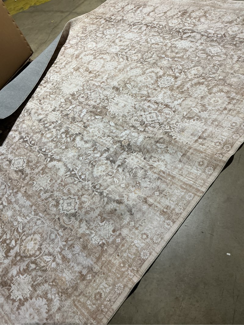 Condition photo showing Good Condition for 9x12 beige washable area rug for living room bedroom neutral soft floral non slip large throw rug lightweight vintage low pile distressed carpet office playroom dining room home decor 9'x12' beige