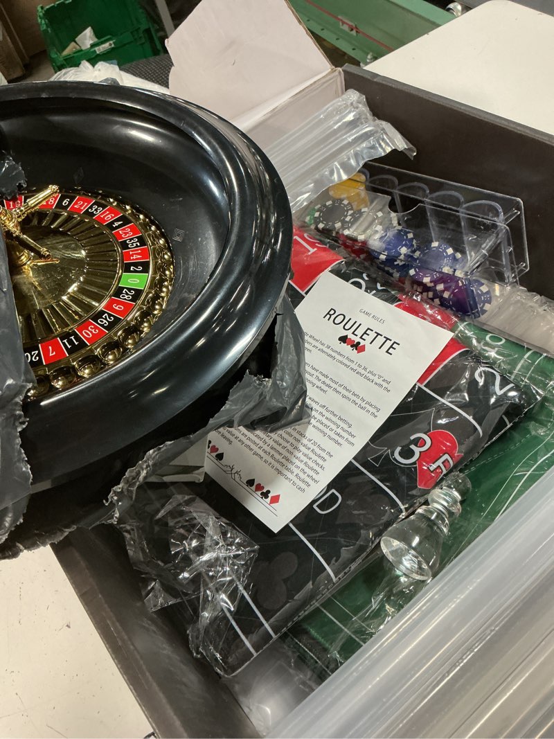 Condition photo showing Good Condition for 16 inch roulette wheel game set include black roulette wheel,47.2" x 23.6" anti-slip rubber game mat x2, 200 chips, chip rake, win marker, dealer button, instruction manual,storage box (style 1)