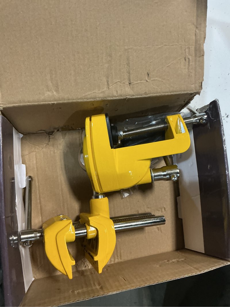 Condition photo showing Good Condition for bench vise, 360° swiveling articulating vise, clamp-on vise for workbench, cast steel table clamp vise, pipe vise, bench vice for woodworking, diy, drilling, sawing, metal working yellow