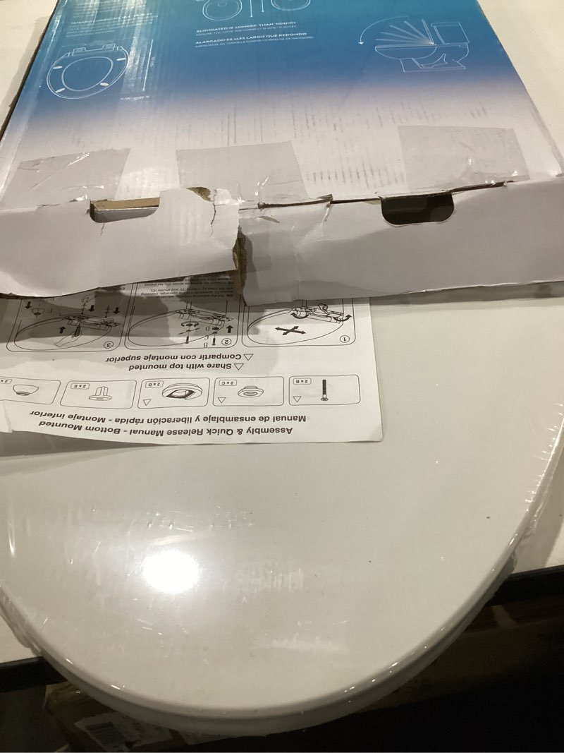 Condition photo showing New/Like New for Elongated Slow Close Toilet Seat, Slip-Resistant, Quick Releasing for Cleaning, Easy to Install, Never Loosen, White