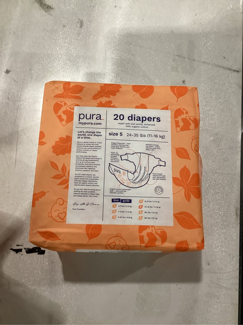 Condition photo showing New/Like New for Pura Size 5 Eco-Friendly Diapers (24-35 lbs) Totally Chlorine Free (TCF), Hypoallergenic, Soft Organic Cotton, Sustainable, up to 12 Hours Leak Protection, Allergy UK, 6 Packs of 20 (120 Diapers) Size 5 (120 Diapers)