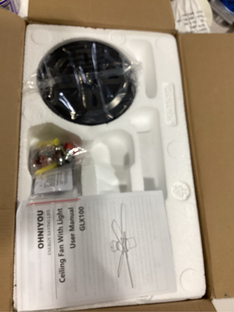 Condition photo showing New/Like New for ohniyou ceiling fans with lights, 42'' low profile ceiling fan with light and remote/app control, modern flush mount ceiling fan for indoor bedroom kitchen, dimmable, qiuet dc motor, black black 42 inch