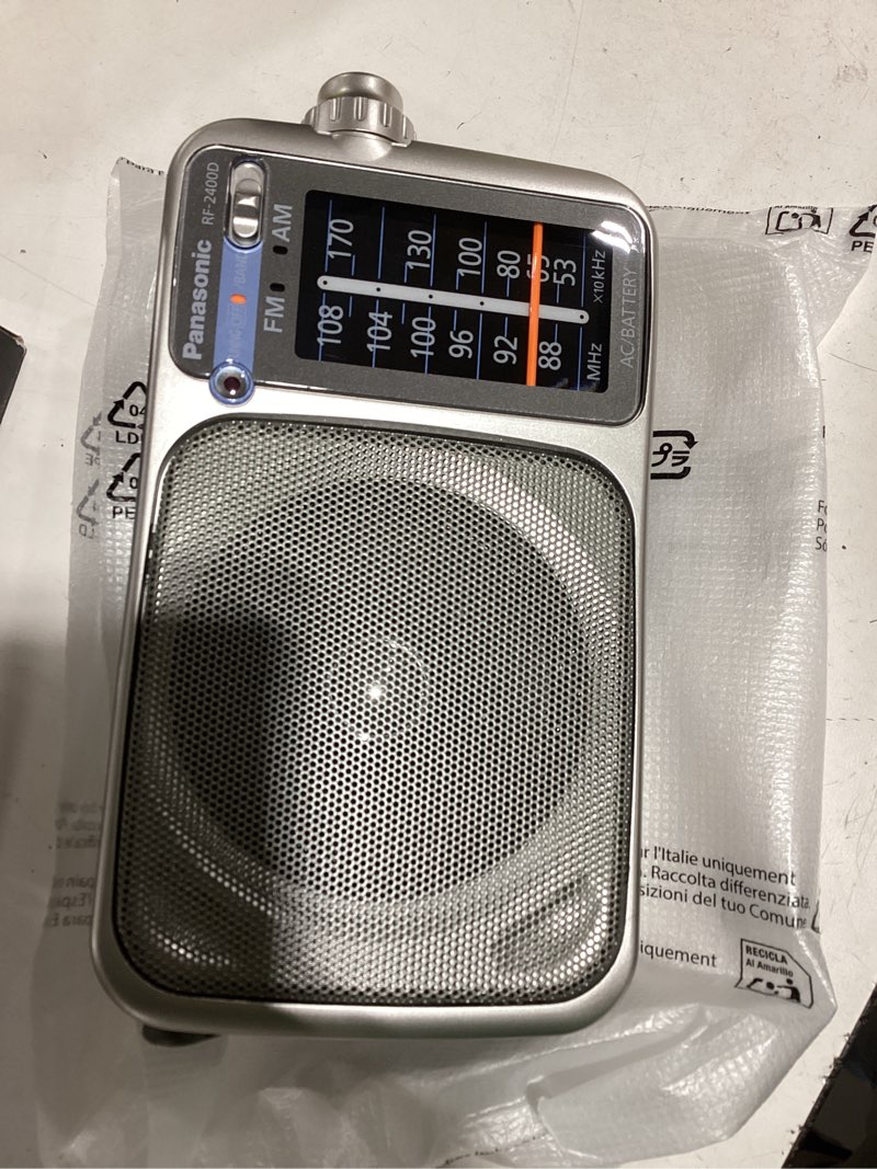 Condition photo showing Good Condition for panasonic portable am/fm radio, battery operated analog radio, ac powered, silver (rf-2400d) silver 9.2 x 4.8 x 3.2