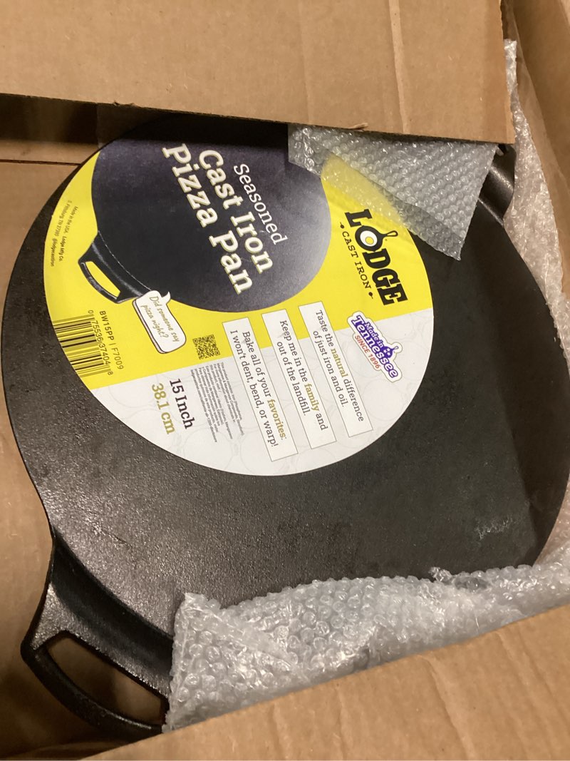Condition photo showing As Is for lodge seasoned cast iron pizza pan 15 inch - pre-seasoned, round pizza pan with dual assist handles - even heat distribution- pfas-free, non-toxic cookware - oven safe