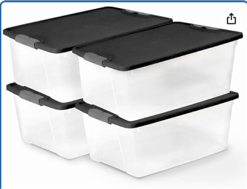 homz 4-pack secure latch, clear plastic storage organizer bins, 15 quart, gray lid - stackable container boxes for bedroom, bathroom, garage, and office organization