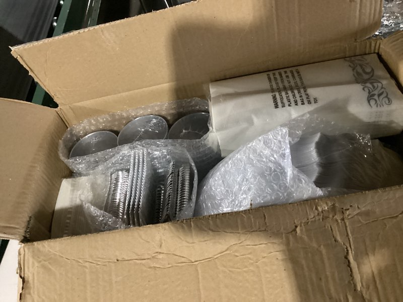 Condition photo showing New/Like New for WELLIFE 600 PCS Silver Disposable Dinnerware Set for 100 Guests, Wedding Reception Plates & Silver Plastic Tableware, Dinner & Salad Plates, Cups, Forks, Knives & Spoons for Weddings & Elegant Events 100 Guests Silver