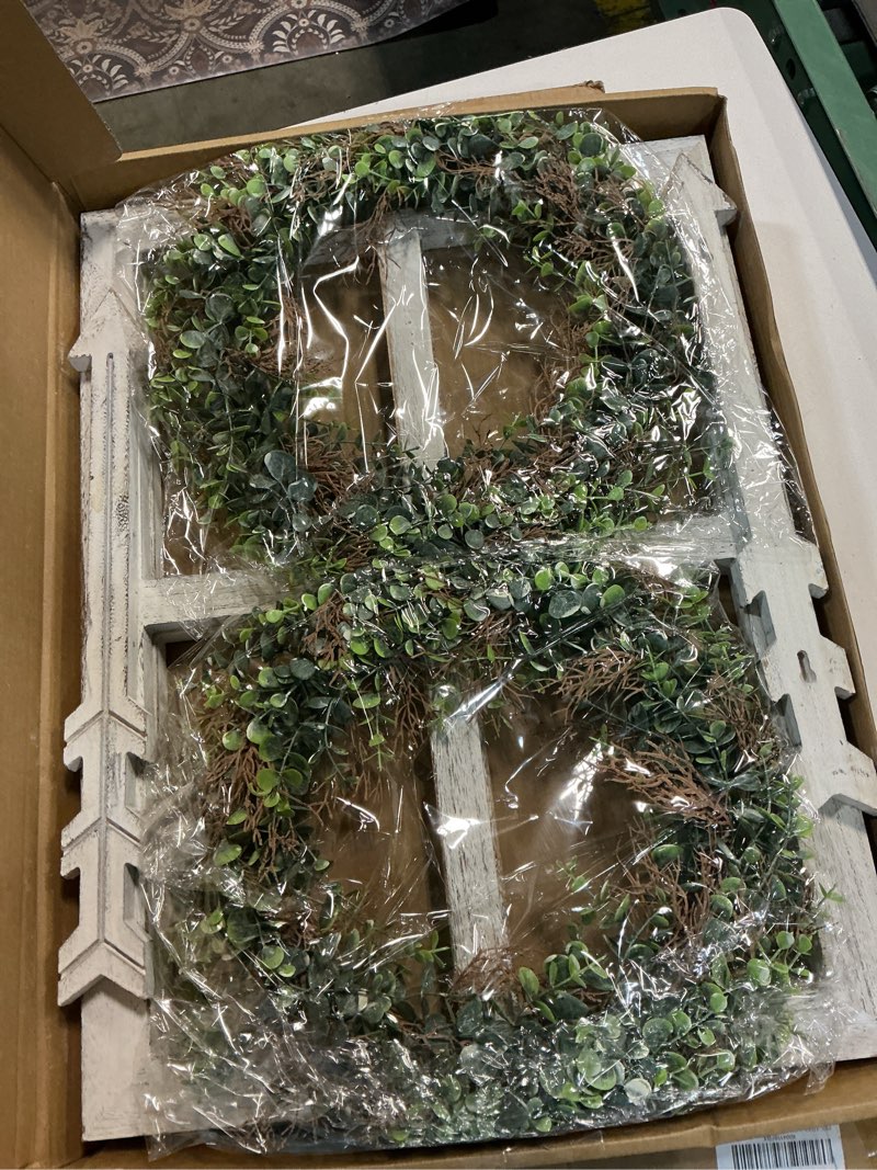 Condition photo showing New/Like New for wakosan rustic wood window frame with green wreath and arrows wall decor, farmhouse wooden fake window decoration for bedroom living room,set of 2 (large white)