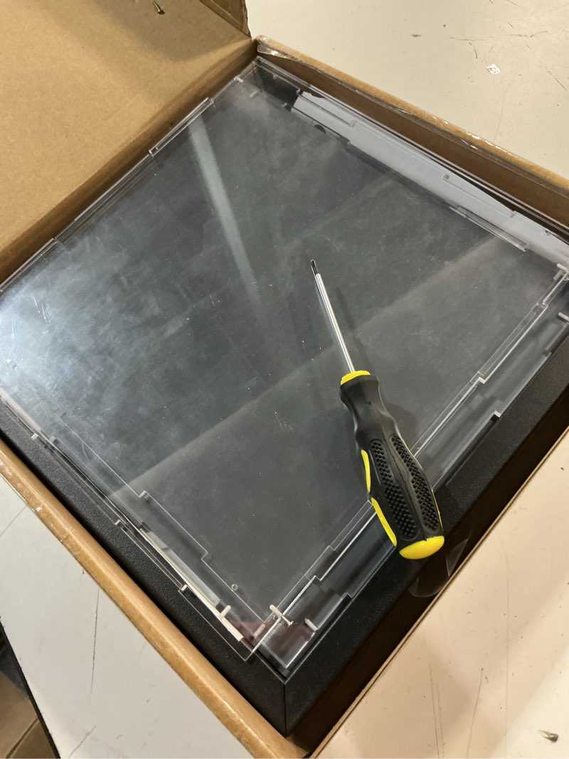 Condition photo showing As Is for soccer ball display case clear acrylic display case box with mirror back and black metal grooved base stackable holder with removable built-in soccer ball stand for sports collectibles soccer ball case