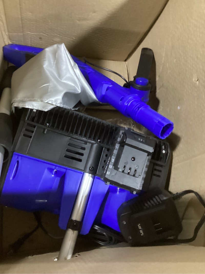 Condition photo showing As Is for power  20v cordless snow shovel, battery & fast charger included, for steps, porches, walkways & driveways 20v snow shovel