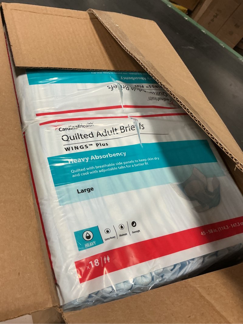 Condition photo showing New/Like New for cardinal health™ quilted adult briefs, wings™ plus, heavy absorbency, size large, unisex adult briefs, disposable incontinence diapers with refastenable tabs – case of 4 bags of 18 briefs (72 total) large case of 72