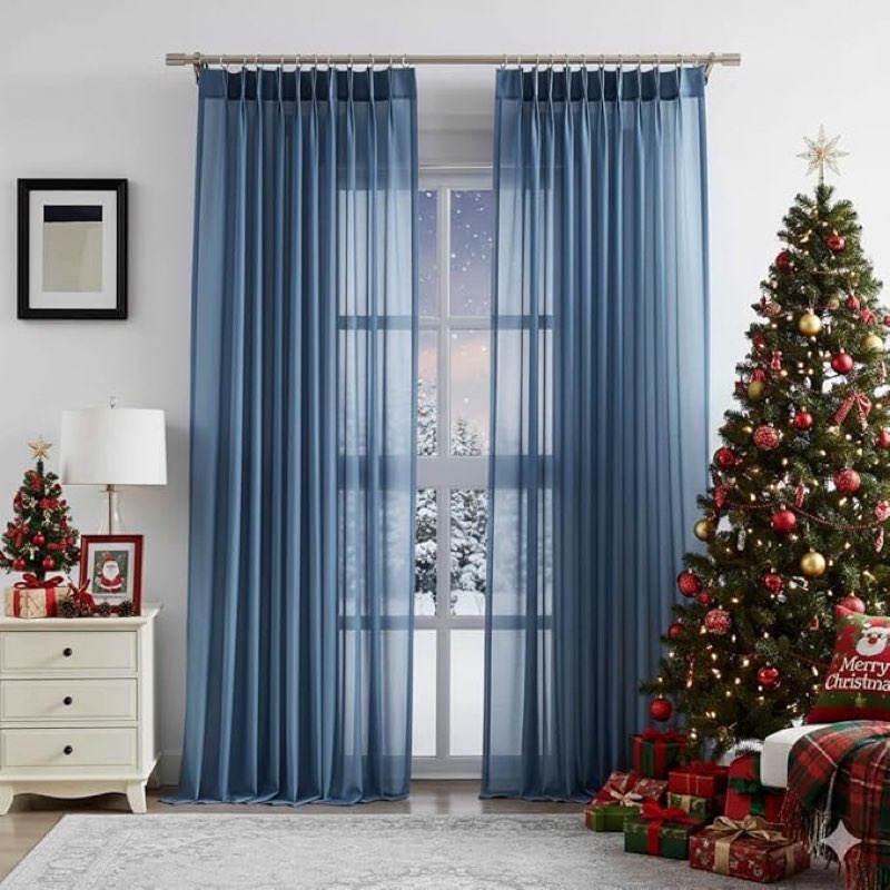WEST LAKE Extra Large Coronet Blue Pinch Pleated Sheer Curtains for Living Room Sliding Door,French 
