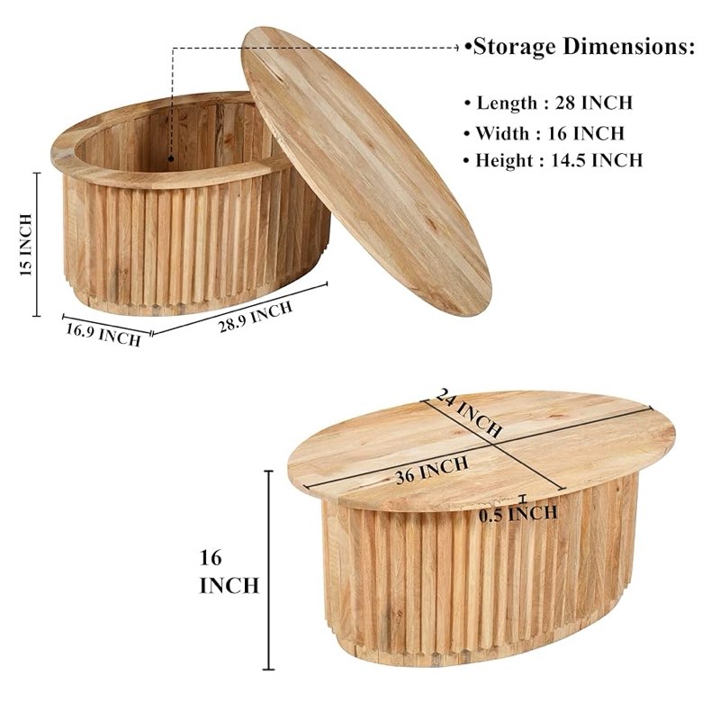 READ DESCRIPTION Muna Coffee Table, 36 Inch Oval Top, Handcrafted Mango Wood, Reeded Base With Hidden Storage, Natural Brown