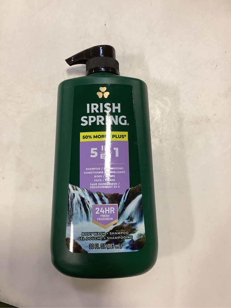Condition photo showing New/Like New for Irish Spring 5 in 1 Body Wash for Men, Men's Body Wash, Smell Fresh and Clean for 24 Hours, Conditions and Cleans Body, Face, and Hair, Made with Biodegradable Ingredients, 30 Oz Pump 5 in 1 30 Fl Oz (Pack of 1)