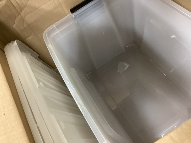 Condition photo showing As Is for Homz 64 Quart Secure Seal Latching Extra Large Clear Plastic Storage Tote Container Bin w/ Gray Lid for Home, Garage, & Basement Organization (2 Pack)
