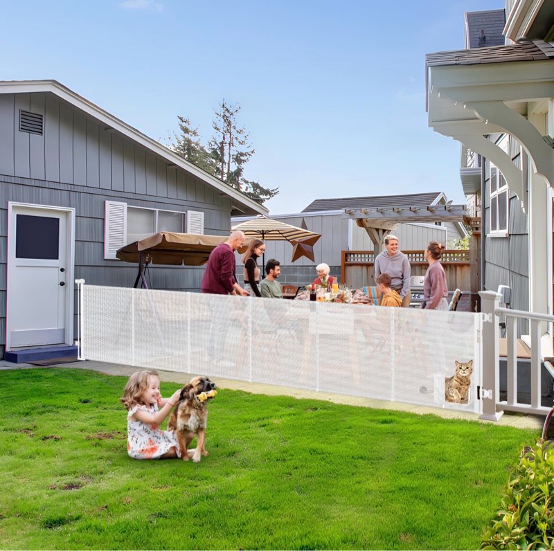 Reinforced 150” Extra Wide Pet Gate with Door 33 Inch Tall Retractable Dog Gates for Doorways Extra Wide Baby Gates for Large Openings with Reinforced Strips 12.5ft Large Dog Gate with Cat Door, White