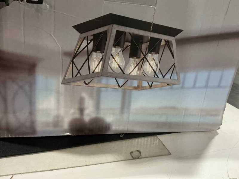 Condition photo showing Good Condition for Q&S Farmhouse Ceiling Light Oak Semi Flush Mount Vintage 4-Light Square Rustic Island Light Fixtures