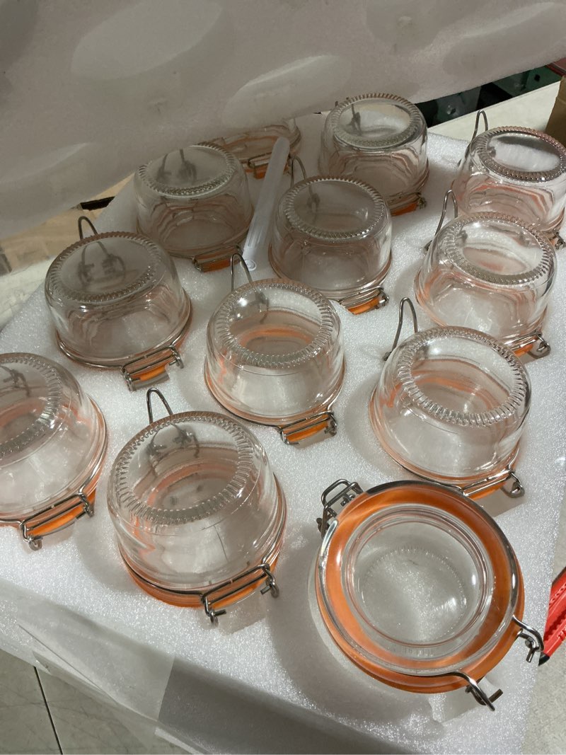 Condition photo showing As Is for encheng small glass jars with airtight lids, glass spice jar 5 oz,maosn jars with leak proof rubber gasket 150ml,glass storage containers with hinged lid,kitchen canisters 24-pack