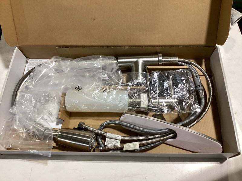 Condition photo showing Good Condition for better homes & gardens pull down kitchen faucet with soap dispenser in satin nickel