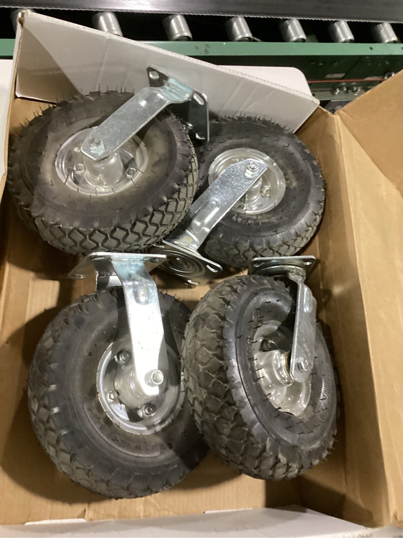 Condition photo showing As Is for 10 inch pneumatic casters set of 4 (2 swivel/2 rigid),heavy duty casters,tolerable 1300 lbs,rubber knobby tread for workbench, cart, trolley,wagon and shelves