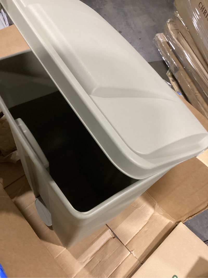 Condition photo showing As Is for Safco Step On Plastic Trash Can with Foot Pedal, 17 Gallon Garbage Can for Kitchen, Indoor or Outdoor Use, Hands Free, Tan