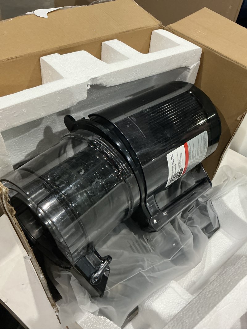 Condition photo showing As Is for eanoruus juicer machines, 3-in-1 cold press juicer with 6.5" extra large chute, 100oz large capacity, ac motor, makes juice, nut milk & sorbet, premium gray