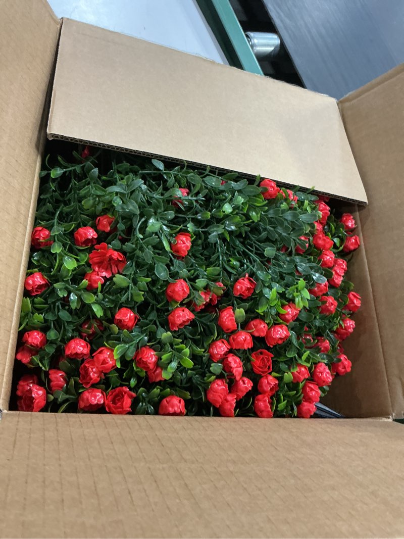 Condition photo showing New/Like New for dense red rose artificial topiary ball trees 24 inch, set of 2 fake plants with ground spike, uv resistant no fade outdoor faux shrubs for spring garden, patio, porch, yard, indoor decor
