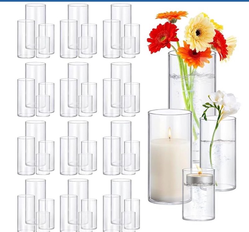 48 Pack Thick Glass Cylinder Vases 4,6,9,12 Inch Tall Clear Flower Vase Hurricane Floating Candle Holder for Table Centerpiece Wedding Home Decor