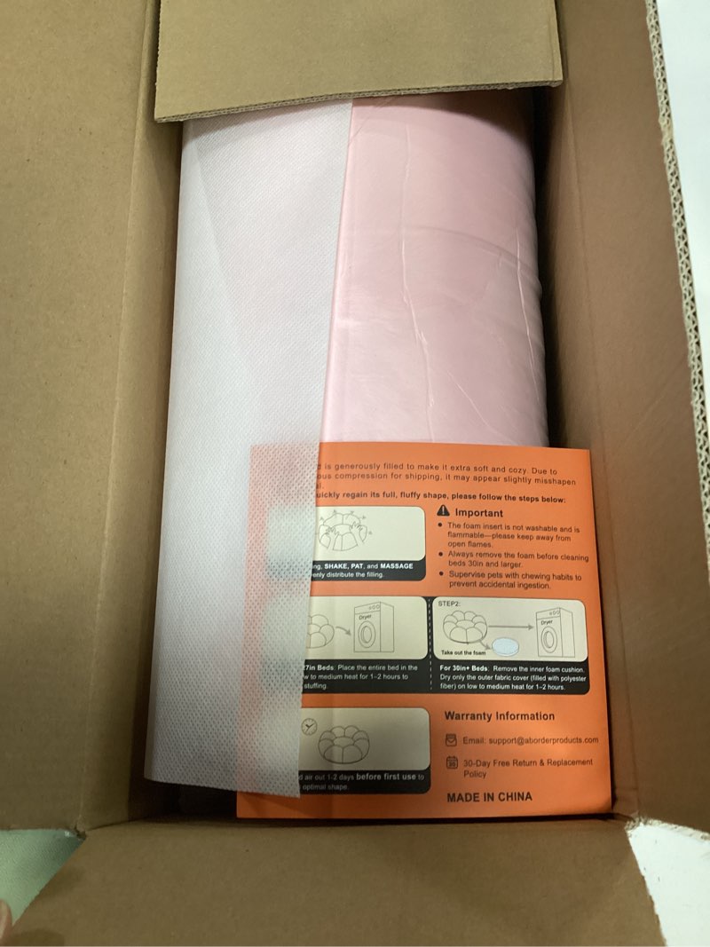 Condition photo showing New/Like New for ohgeni 20 inches calming donut dog & cat bed for small pets, warming comfort fluffy short pile fur, durable machine washable, cute round bed for puppy and kitten, pink xs (21"l x 21"w x 6.5"th) 03-pink
