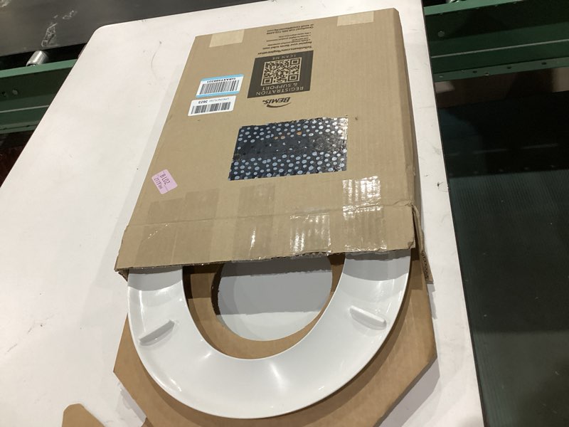 Condition photo showing As Is for mayfair cassel slow close toilet seat, easy clean, non slip premium wood seat, easy install, made in usa, round, white