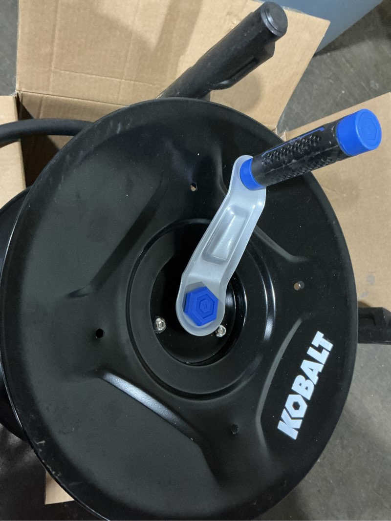 Condition photo showing As Is for kobalt poly combo 75-ft stand hose reel