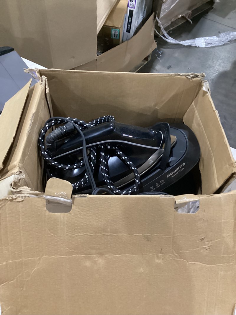 Condition photo showing As Is for *not tested* rowenta, iron, pro master steam, steamer for clothes, high pressure professional steam station, stainless steel soleplate 57 oz, 400 microsteam holes, built-in pump, 1750 watts, black green, vr8338